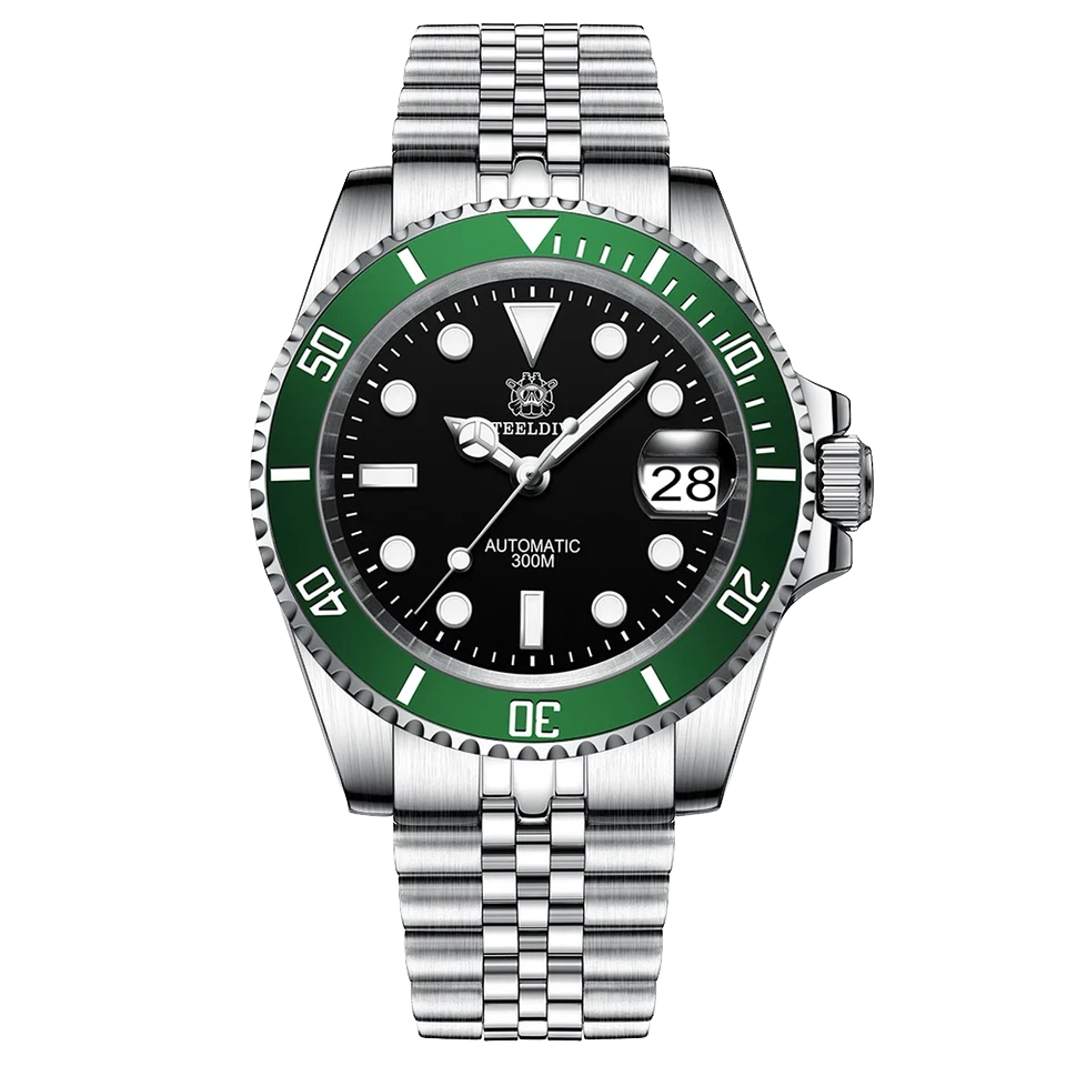 Wristwatch with green bezel and black face on a white background