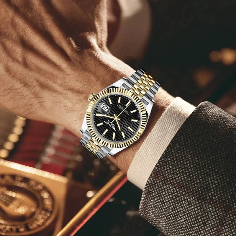 Luxury watch with gold and silver accents on a wrist, blurred background