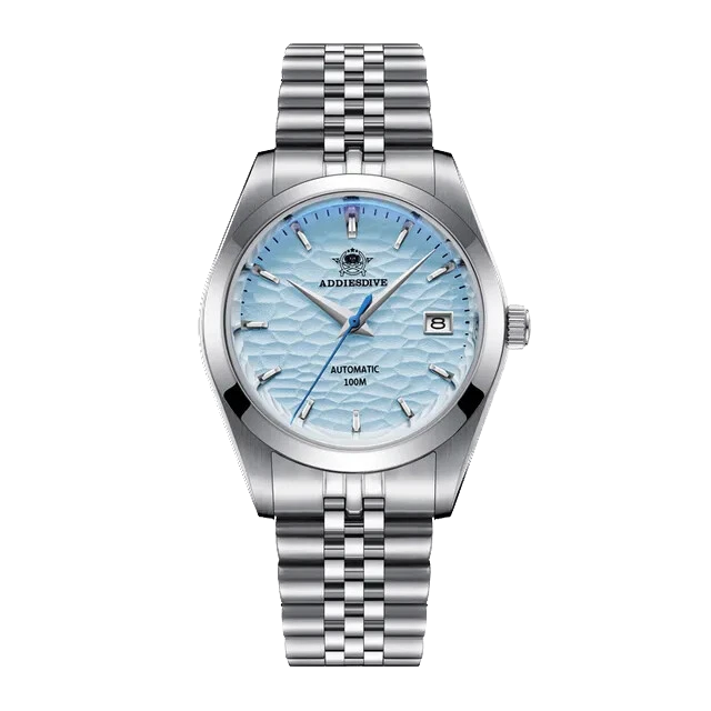 Silver wristwatch with a blue face on a white background
