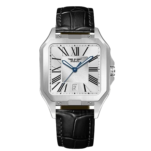 Watch with black leather strap and silver case on a white background