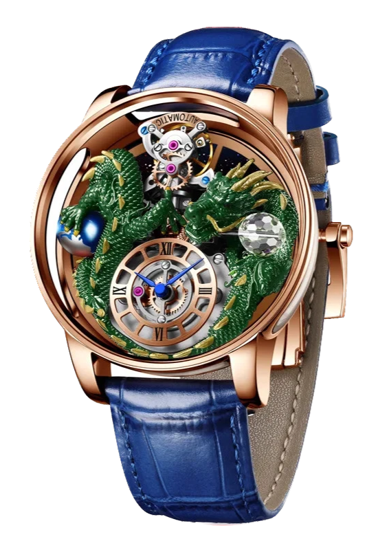Luxury watch with blue leather strap and intricate design on a white background