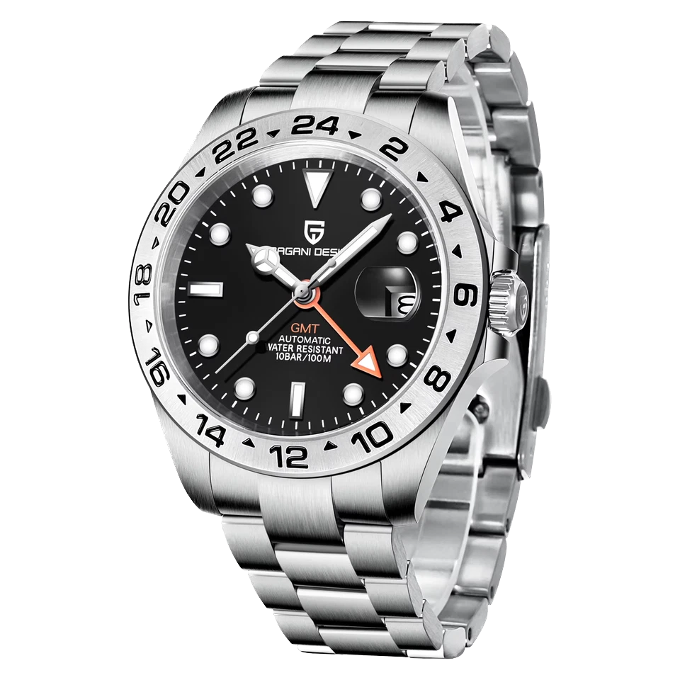 Silver wristwatch with black dial on a white background