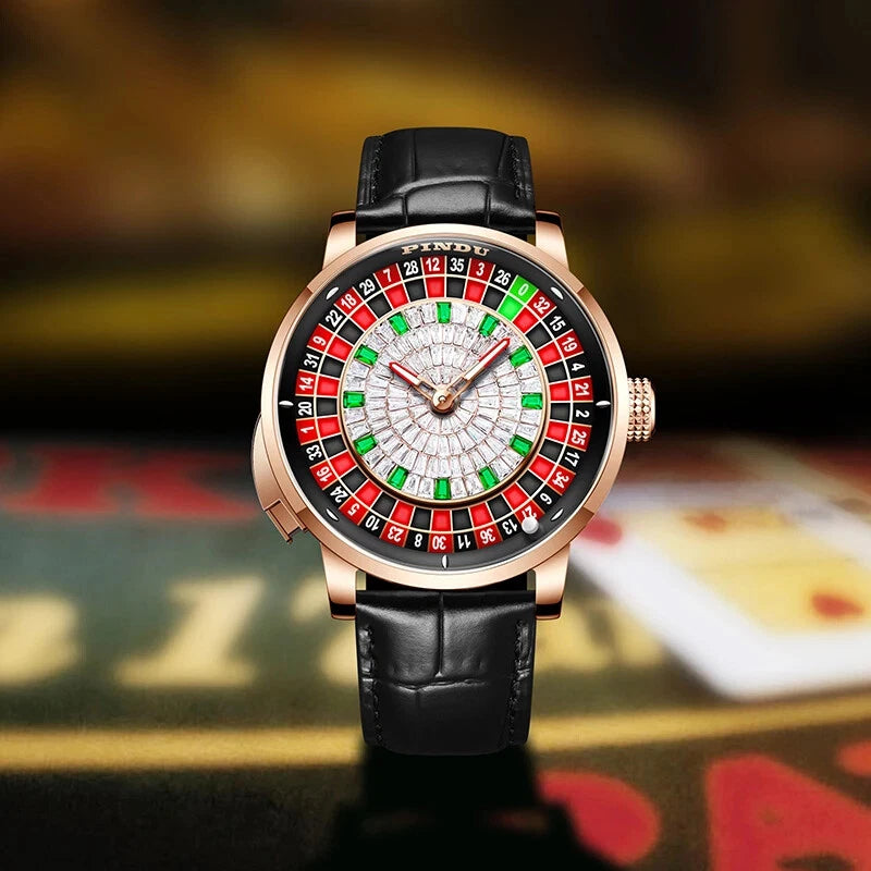 Luxury watch with a unique face design on a blurred background