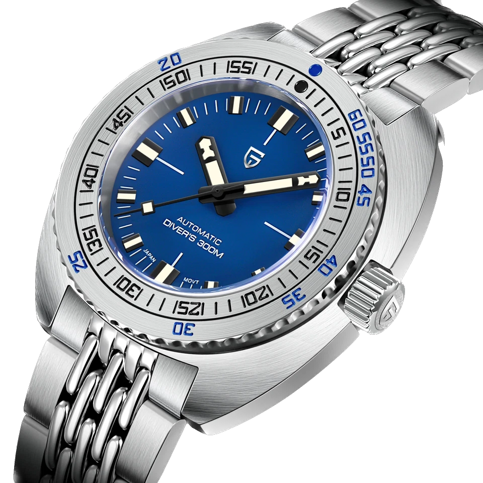 Silver watch with a blue dial on a white background