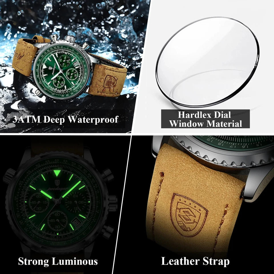 Watch with waterproof feature, hardlex dial material, strong luminous display, and leather strap.