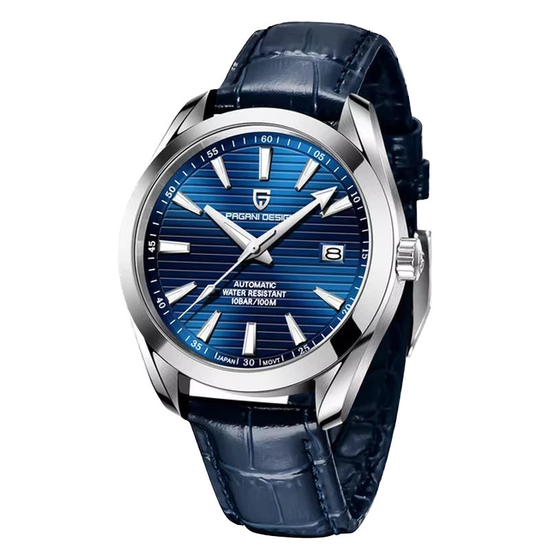 Blue wristwatch with a silver case on a white background
