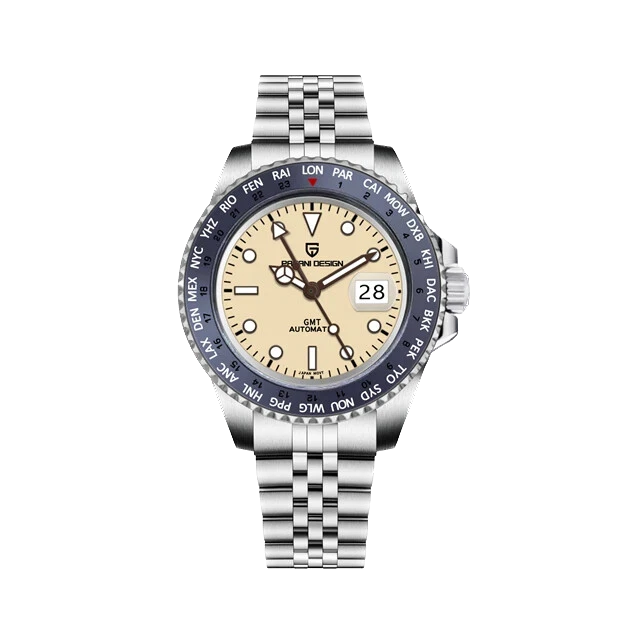 Silver watch with a beige face on a white background