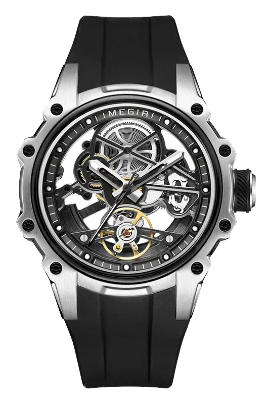 Black and silver Megir watch with transparent face on a white background