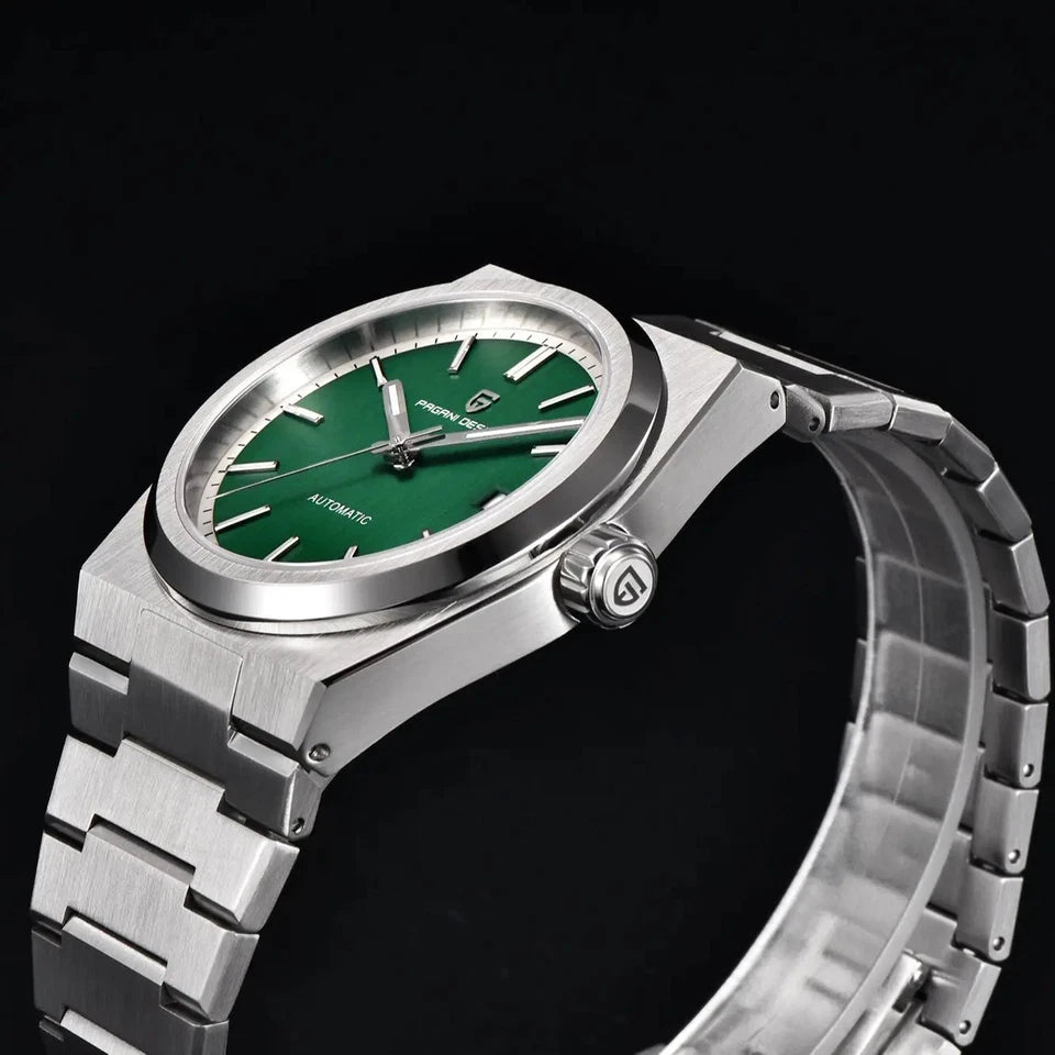 Silver watch with a green face on a black background