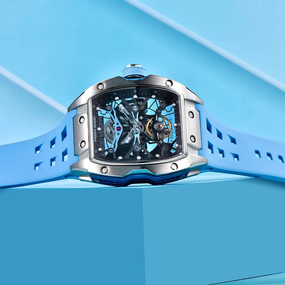 Luxury watch with a blue strap on a light blue background