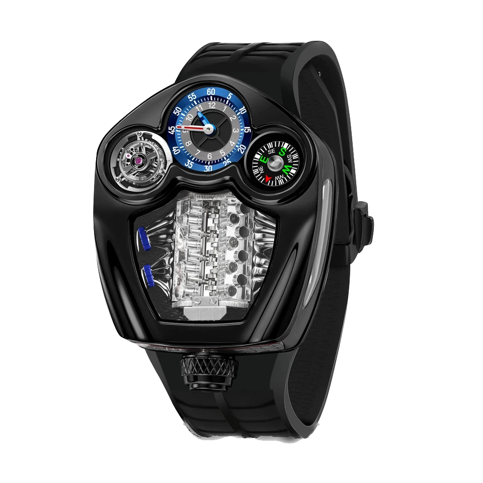 Black wristwatch with a transparent face and detailed design on a white background