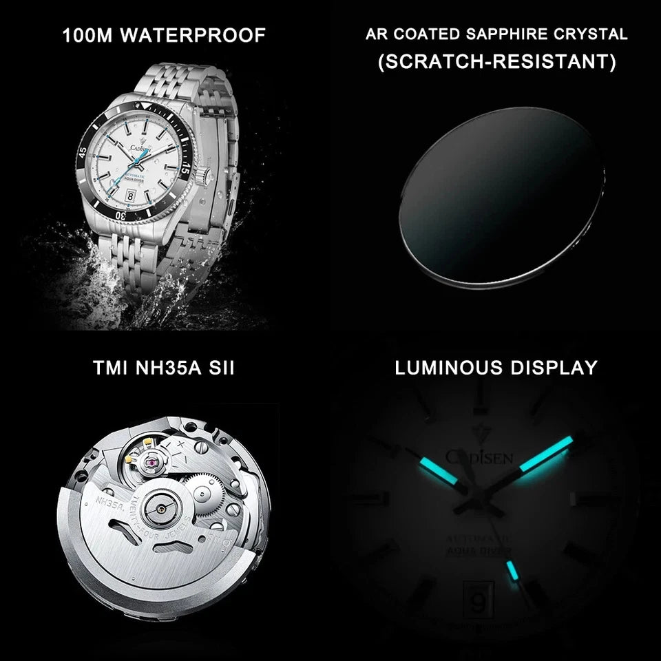 Watch with features highlighted on a black background