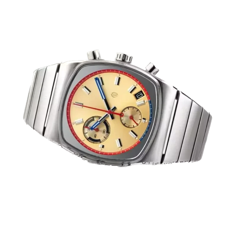 Silver wristwatch with a detailed face on a white background