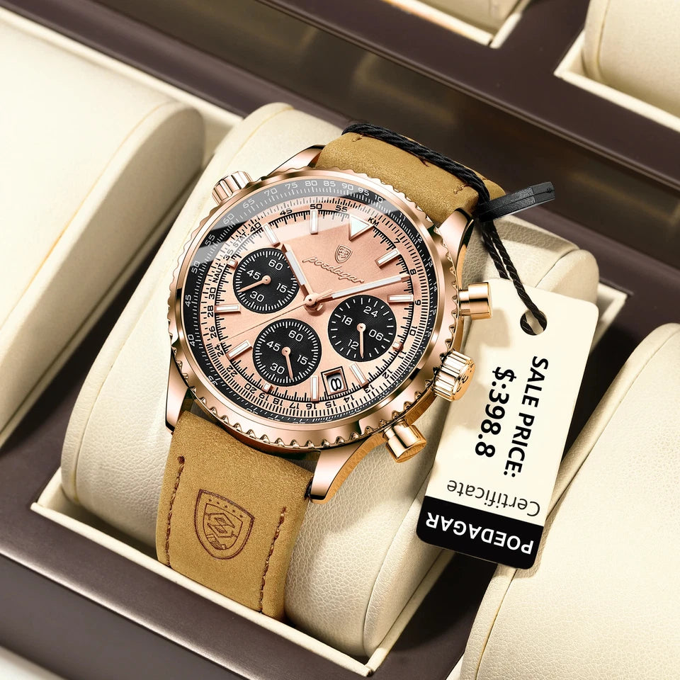 Luxury watch with brown leather strap and rose gold case in a box, featuring a POEGAAR tag.