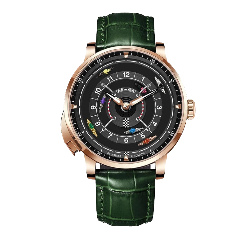 Luxury watch with green strap and rose gold case on white background