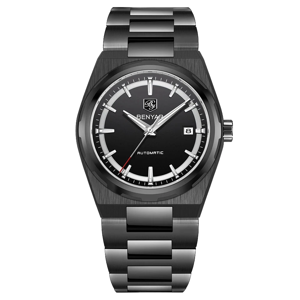 Black wristwatch with metallic band on a white background