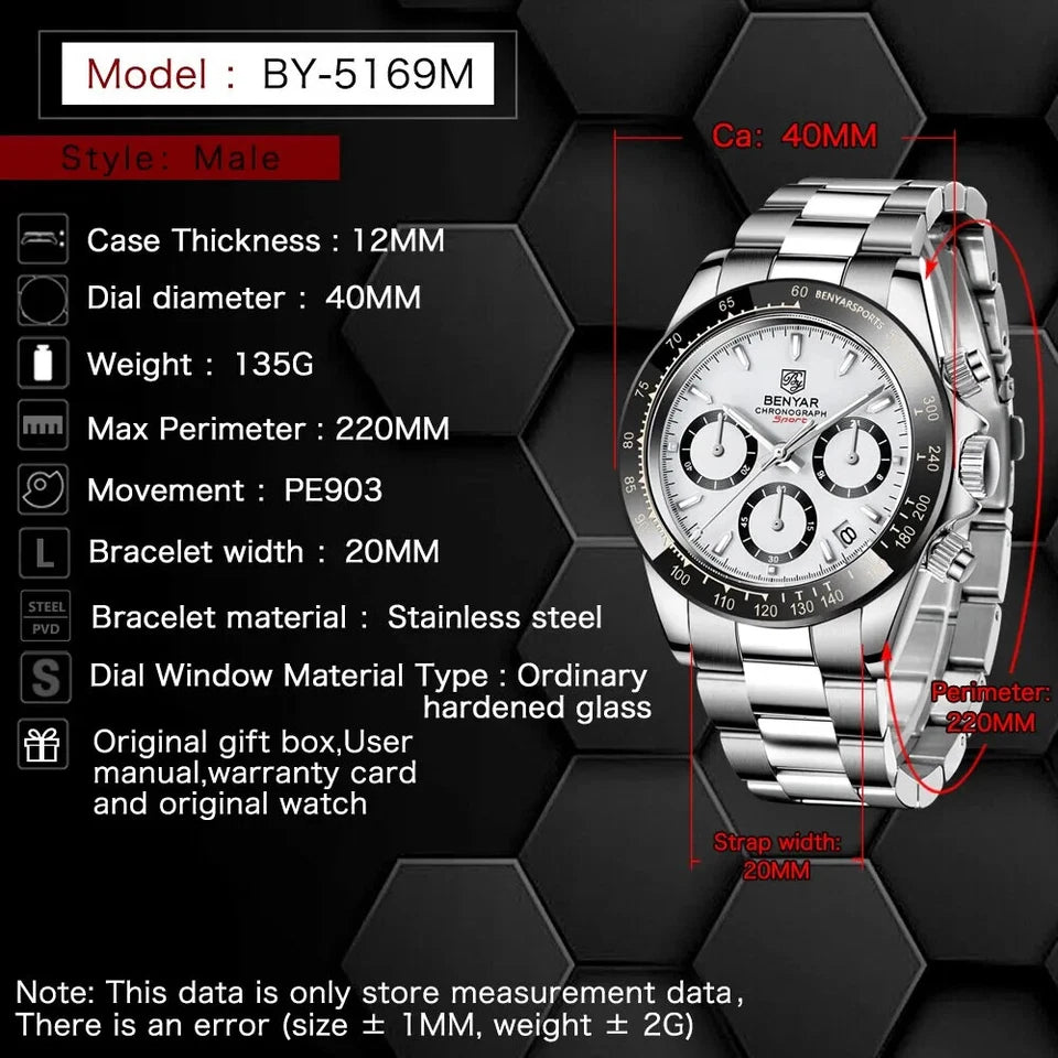 Silver watch with detailed specifications on a black geometric background