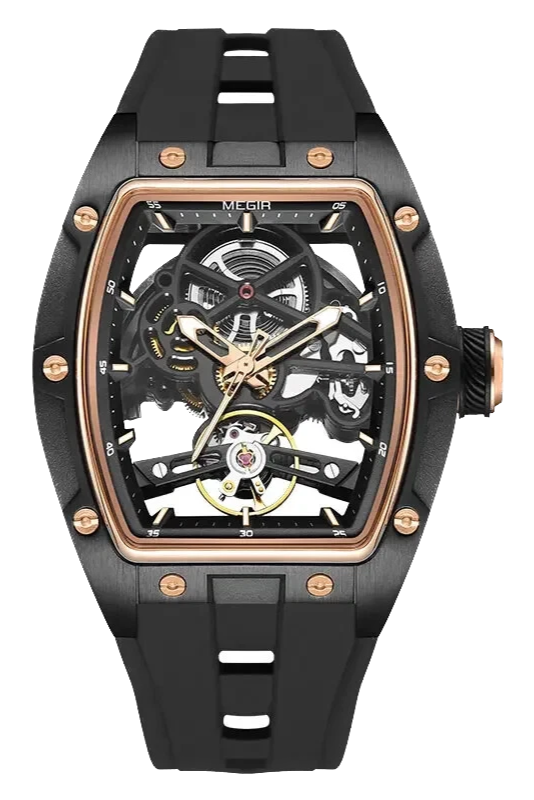 Black and rose gold watch with visible brand name on a white background