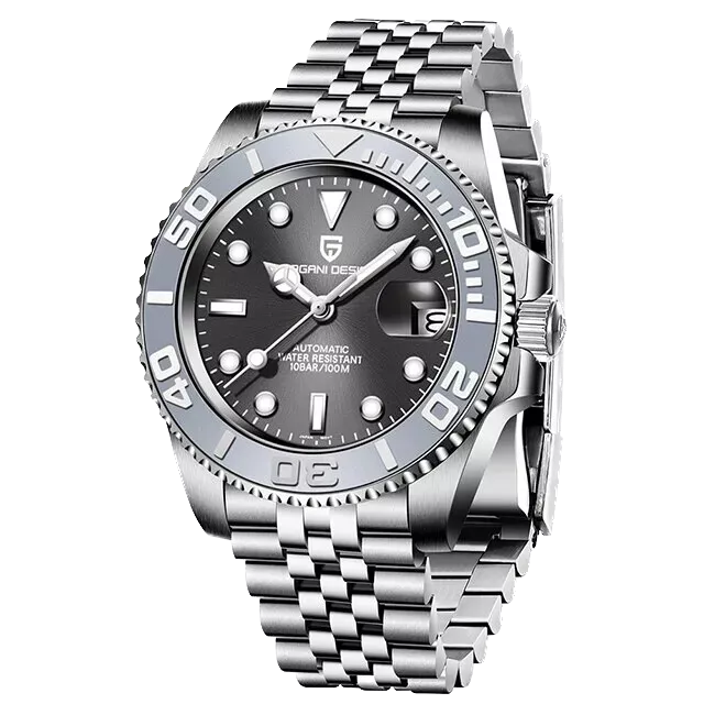 Silver wristwatch with black dial on a white background