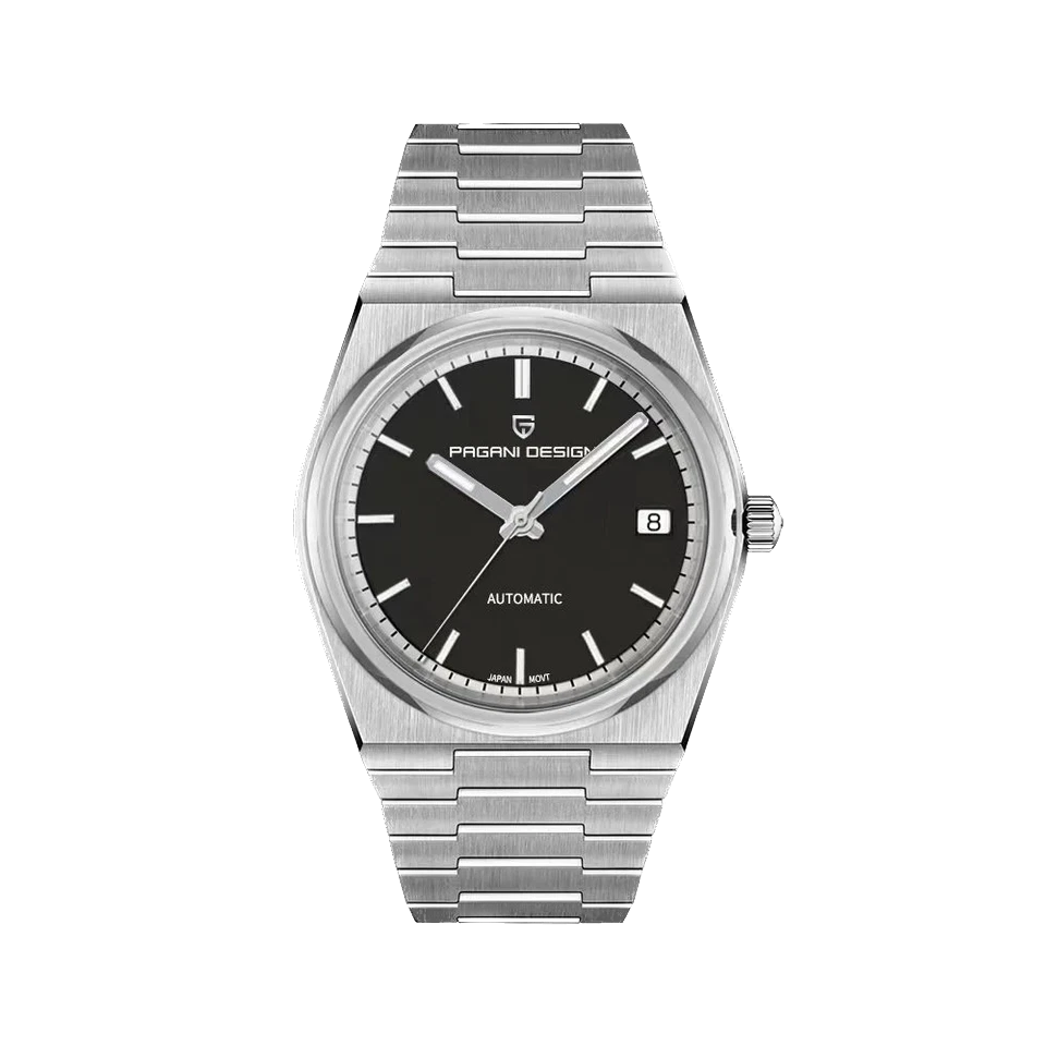 Silver watch with black dial on a white background
