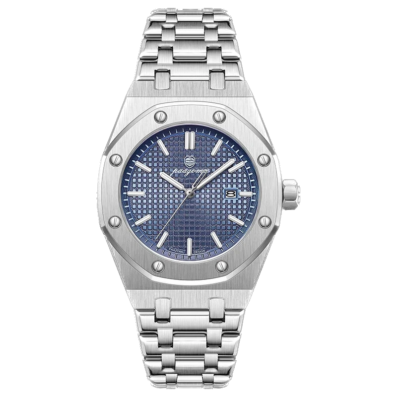 Silver watch with blue face on a white background