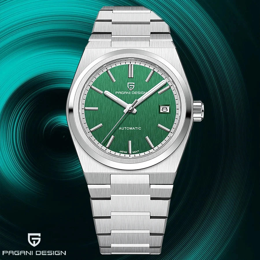 Silver Pagani Design watch with green face on a swirling teal and black background
