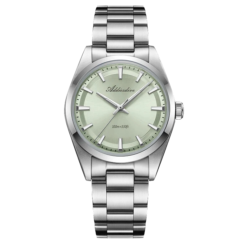 Silver watch with a light green face on a white background
