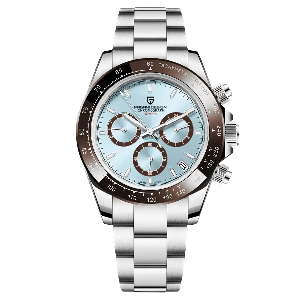 Silver watch with a detailed face on a white background