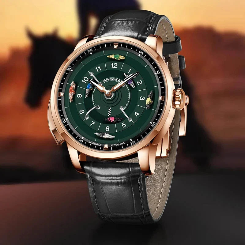 Luxury watch with green dial and black leather strap against a blurred background