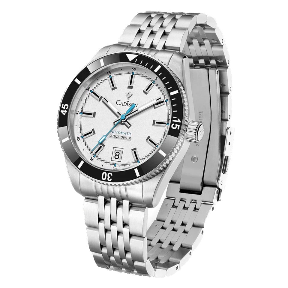 Silver watch with a white face on a white background
