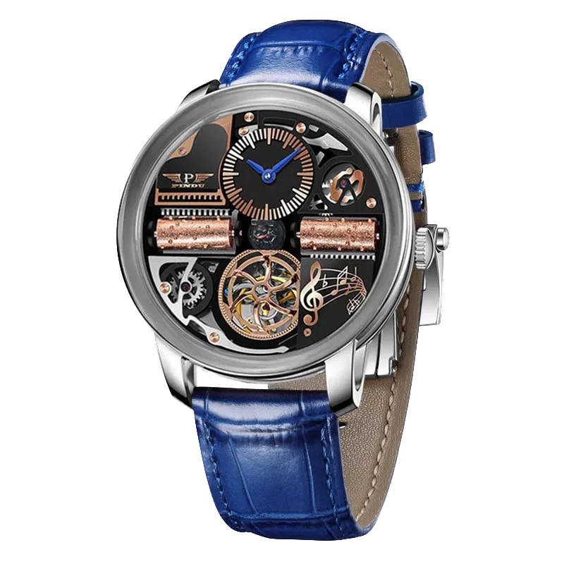 Watch with blue strap and detailed face on a white background