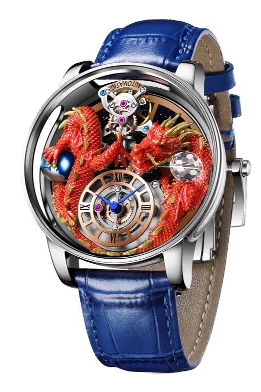 Luxury watch with blue leather strap and intricate design on face