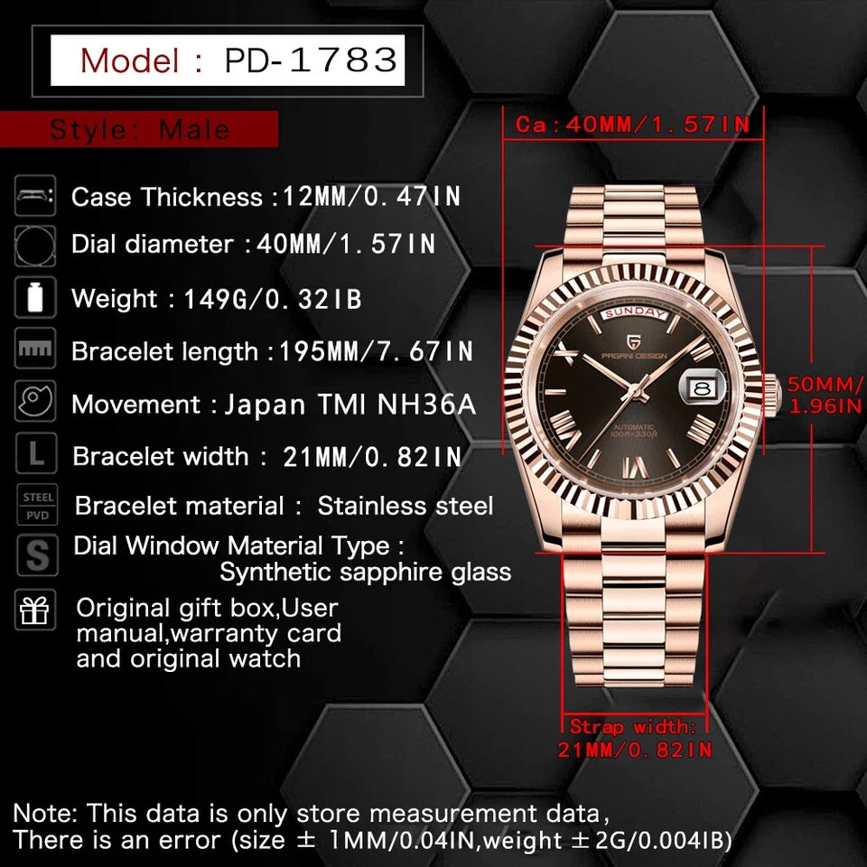 Rose gold watch with detailed specifications on a black background