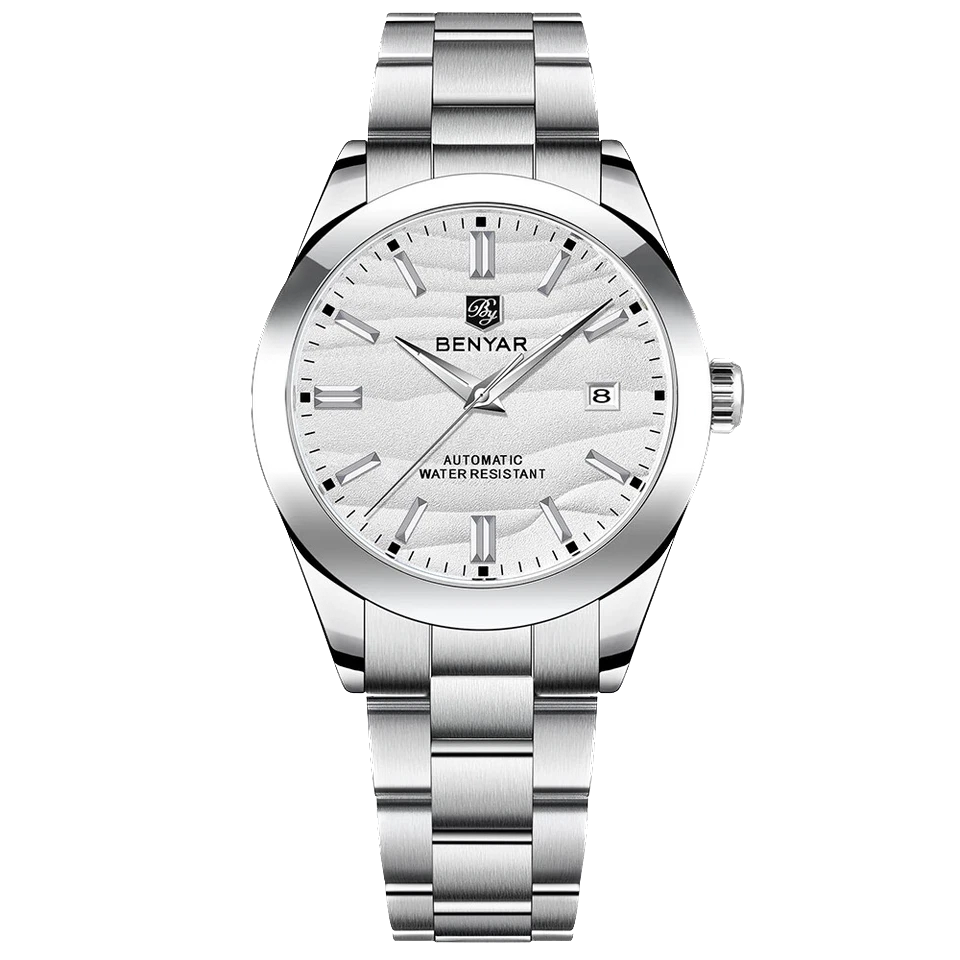 Silver watch with white dial on a white background