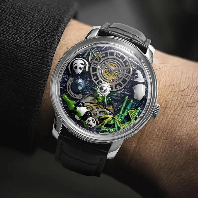 Luxury watch with intricate design on a wrist against a dark background
