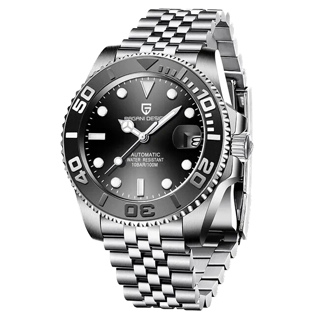 Silver wristwatch with black dial on a white background