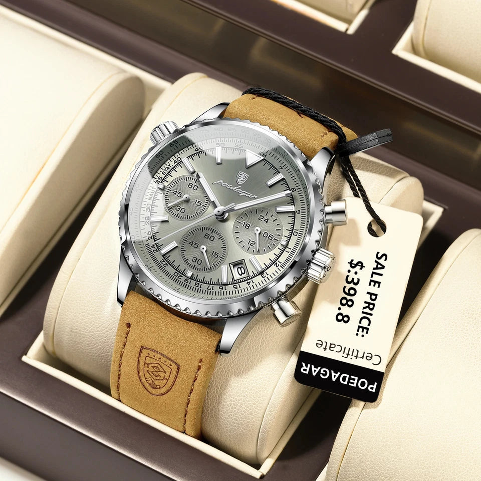 Watch with brown leather strap and silver case on a beige cushion, with a price tag attached.