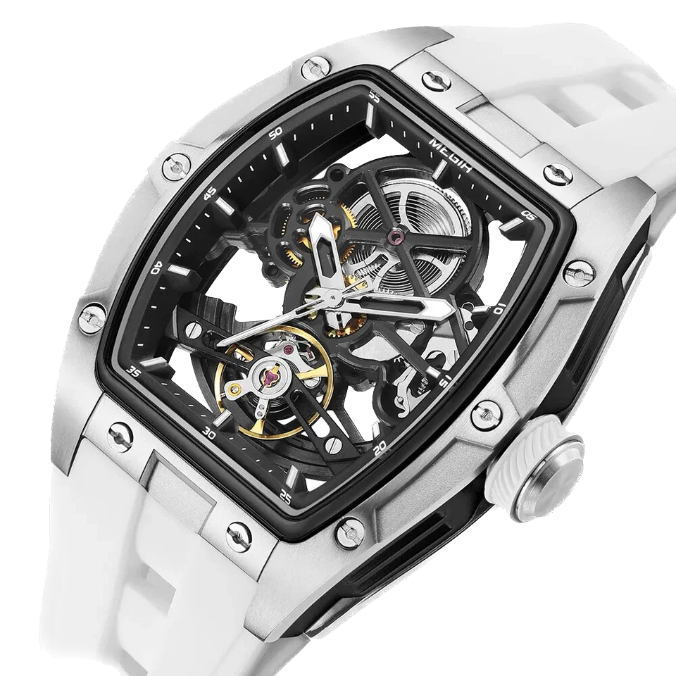 Luxury watch with transparent case and white strap on a white background