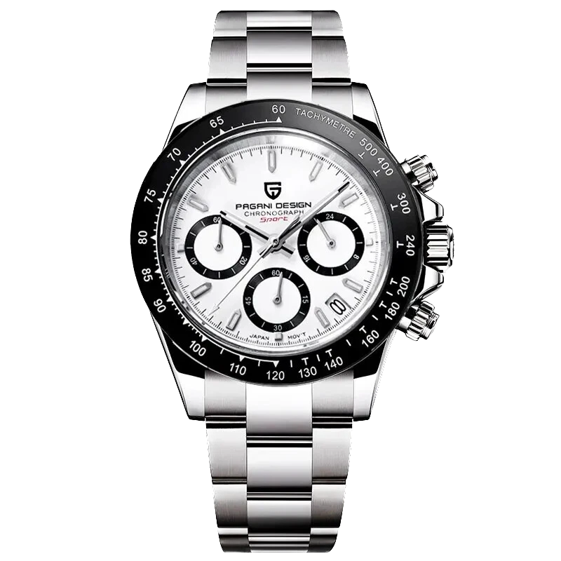 Silver watch with a white face on a white background