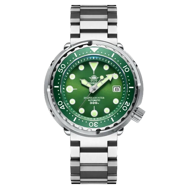 Green watch with silver metal strap on a white background