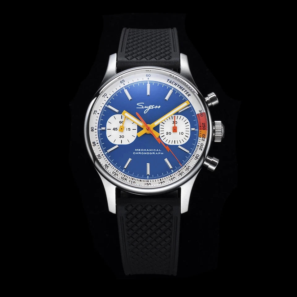 Wristwatch with a blue dial and black strap on a dark background