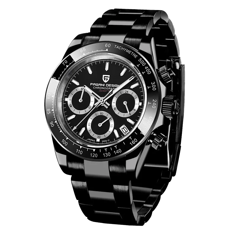 Black wristwatch with detailed face on a white background