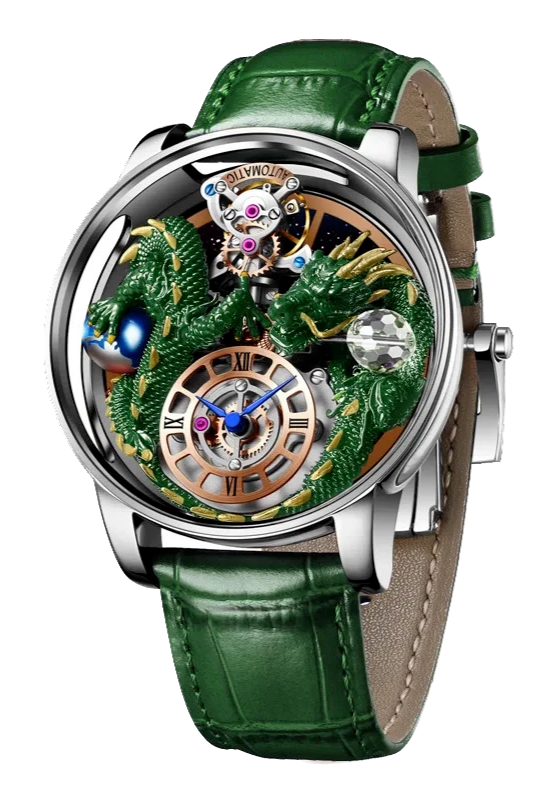 Luxury watch with green leather strap and intricate design on a white background