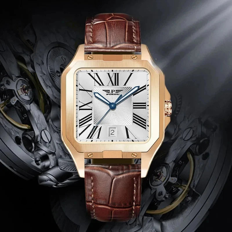 Luxury watch with brown leather strap and gold case on a dark mechanical background