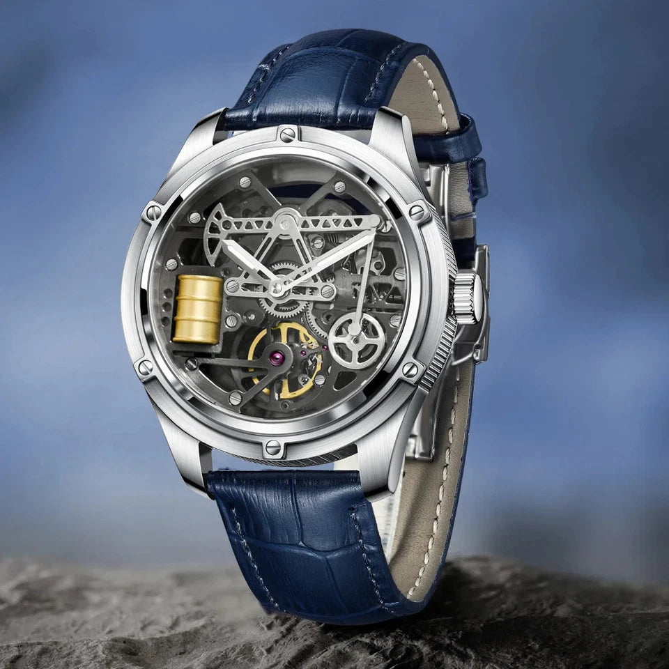 Luxury watch with blue leather strap and visible mechanical components on a blurred background