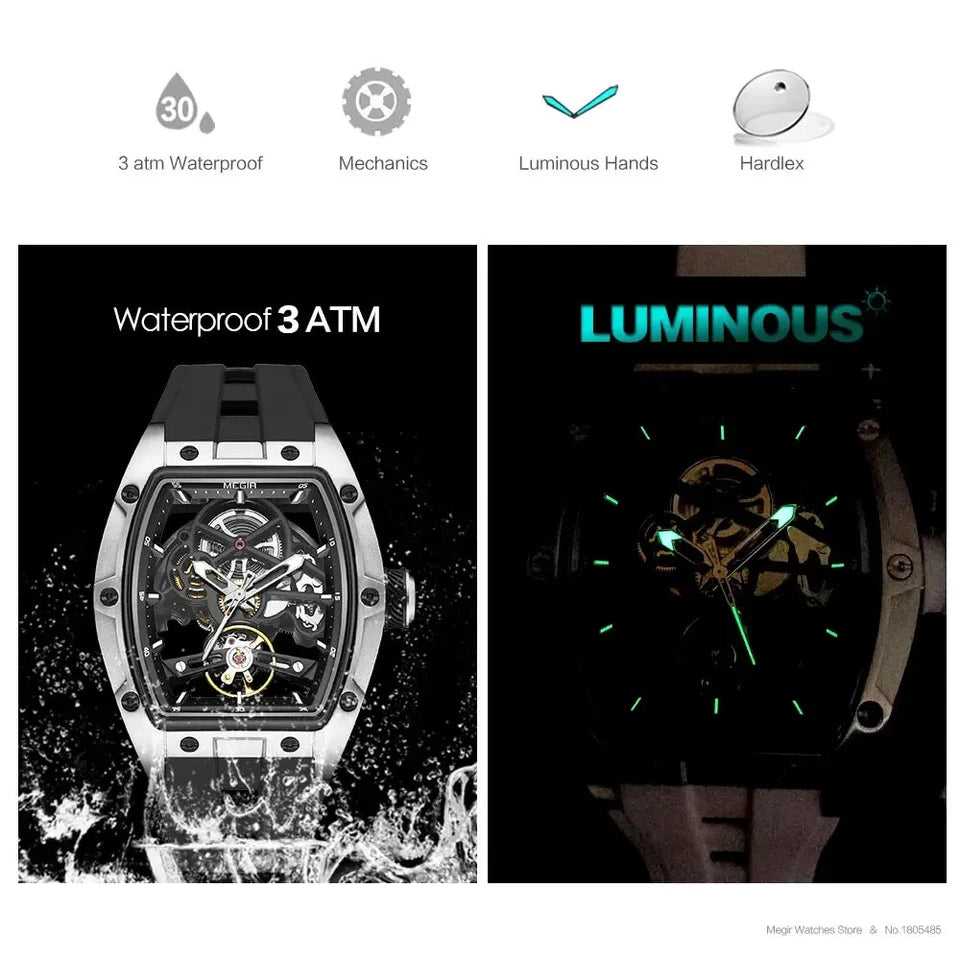 Watch with waterproof feature and luminous hands on a dark background