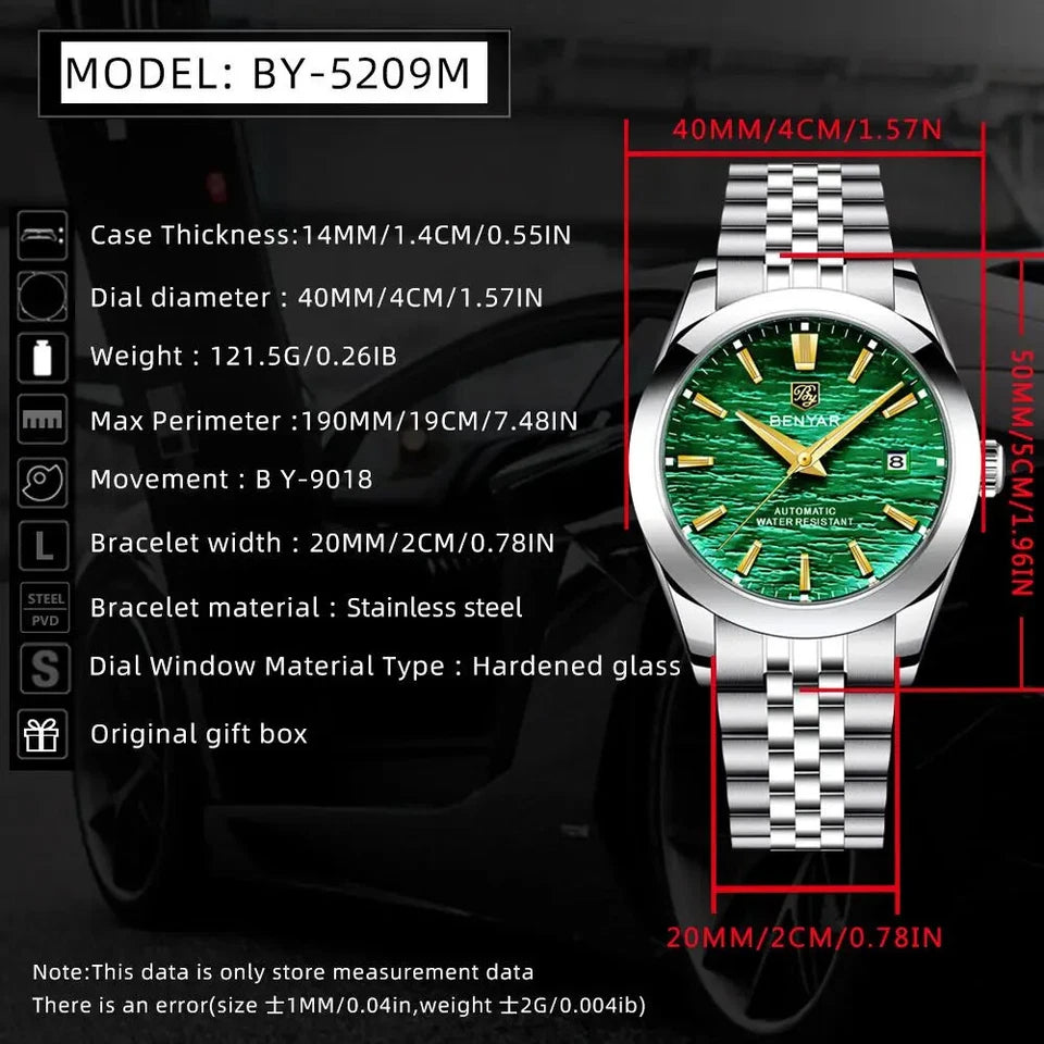 BENYAR watch with green dial and silver bracelet on a dark background, featuring detailed specifications.