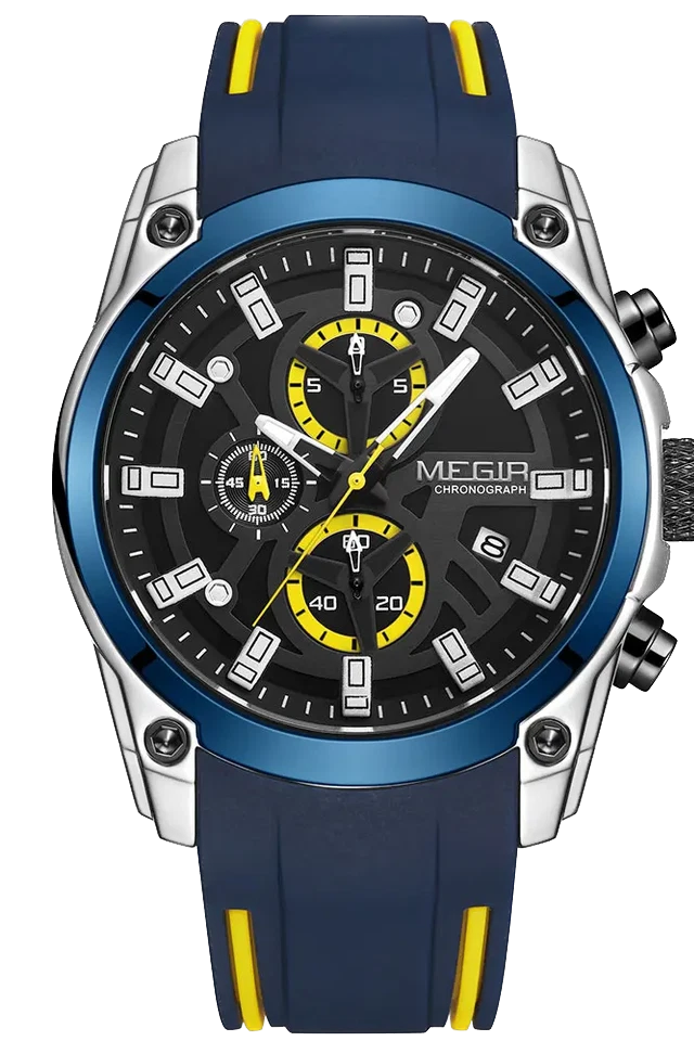 Wristwatch with blue strap and black dial on a white background