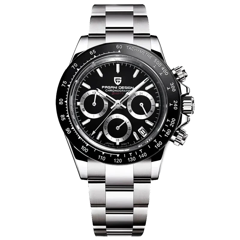 Silver and black watch with detailed face on a white background