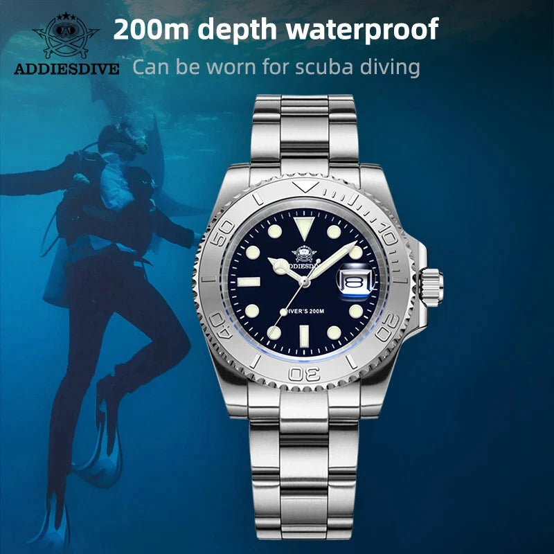 Silver watch with black dial on a blue underwater background, featuring ADDIESDIVE branding.